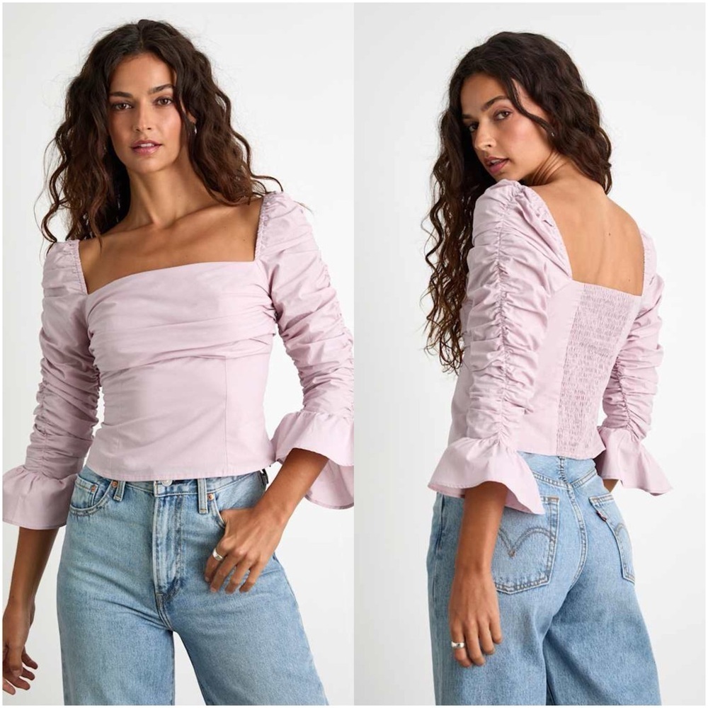 LULU’S Felia Dusty Lavender Cotton Ruched Three-Quarter Sleeve Top